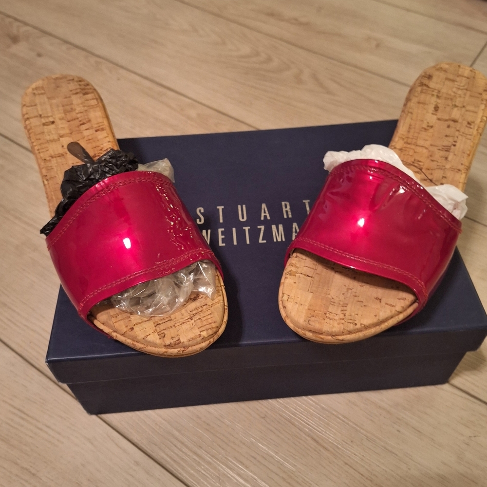 Stuart Weitzman cognac/red patent leather cork wedge heel sandals Size 8